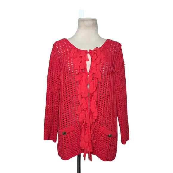 Chico's pinkish red crochet open knit cardigan sweater size 2 -Large - Picture 1 of 11